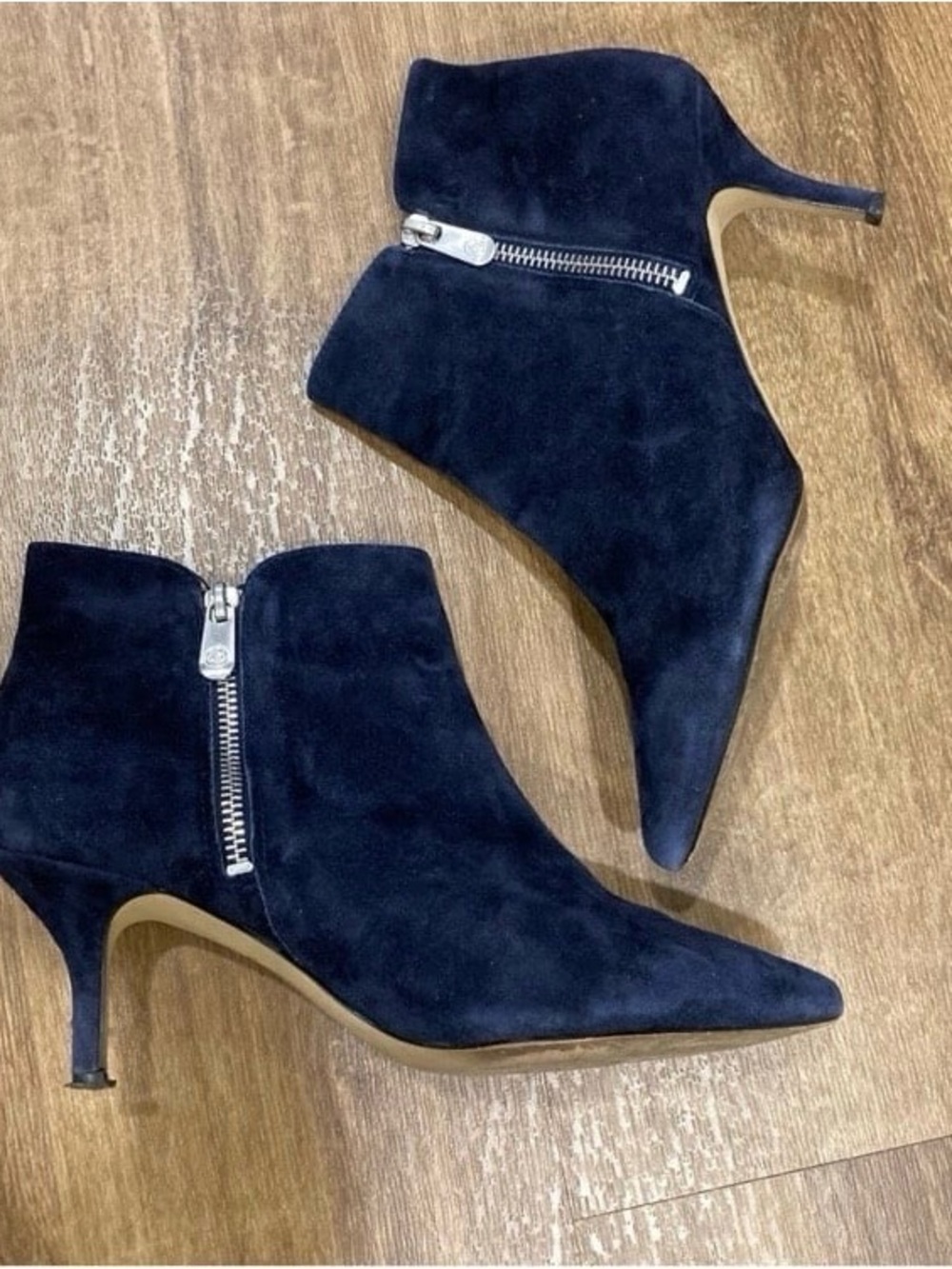 Women's Navy Suede Pointed-Toe Ankle Booties with Side Zip